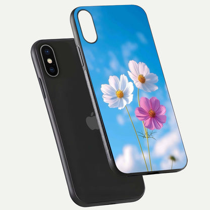 Triple Flowers With Sky Glass Case for iPhone X floating dual-view mockup displaying gloss and soft hues