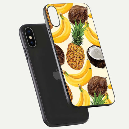 Tropical Fruit Mood Glass Case for iPhone X floating dual-view mockup displaying gloss and vibrant colors