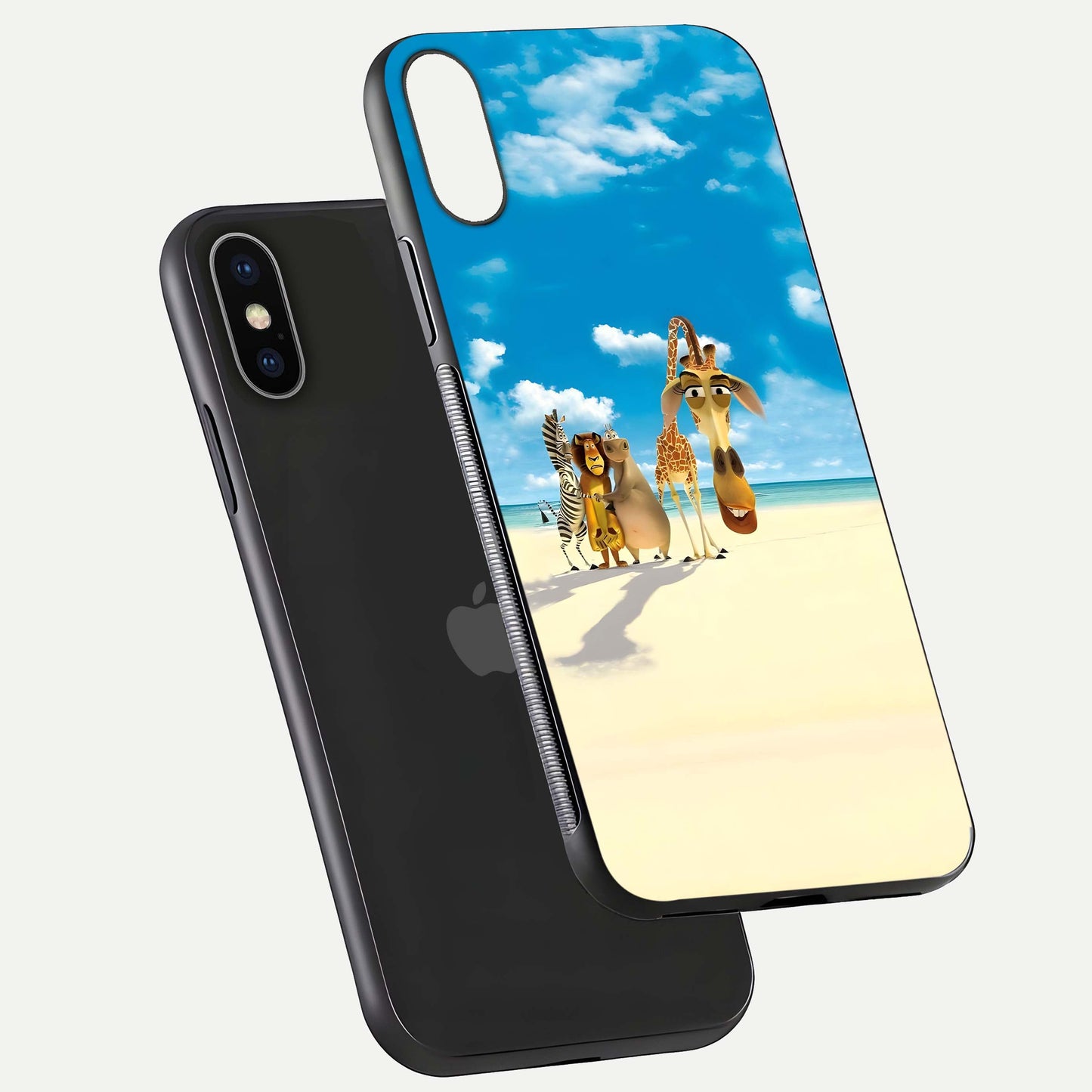Tropical Fun Squad Glass Case for iPhone X floating dual-view mockup displaying gloss reflection and contrast