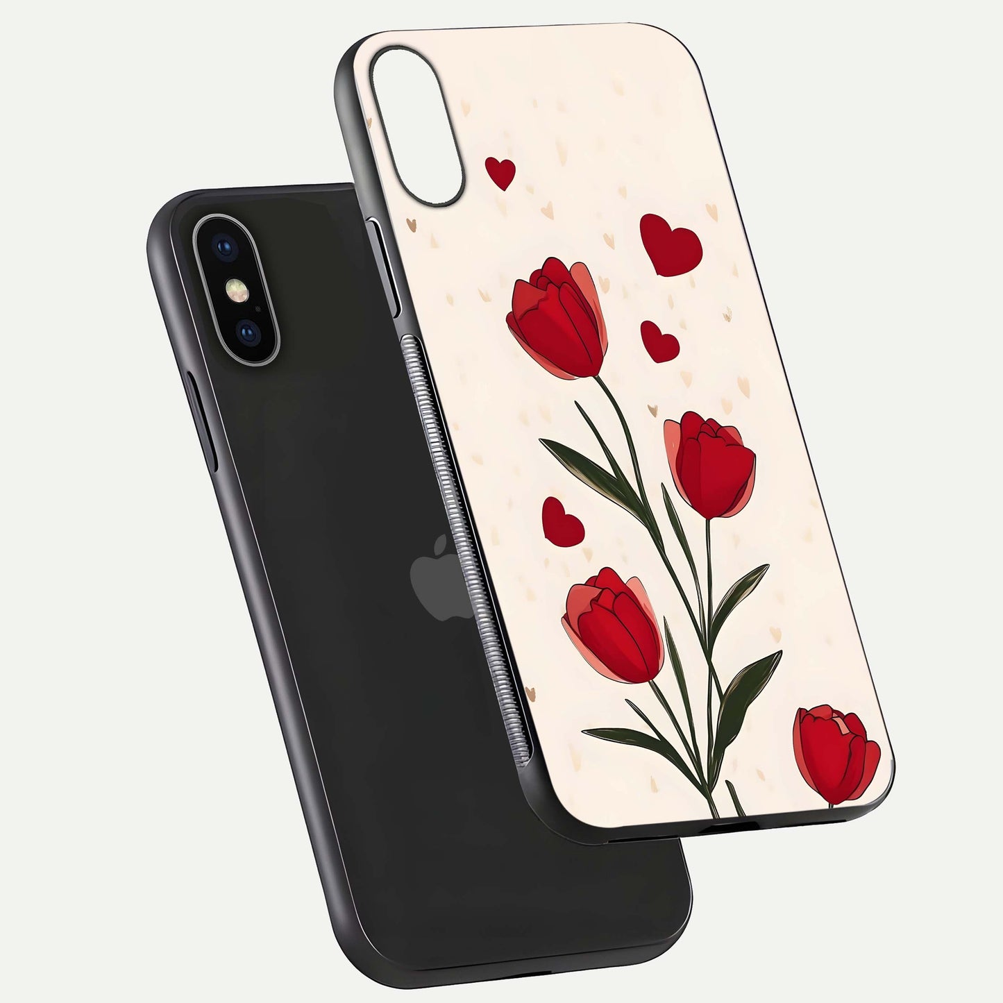 Tulip With Heart Glass Case for iPhone X floating dual-view mockup displaying gloss texture and shine