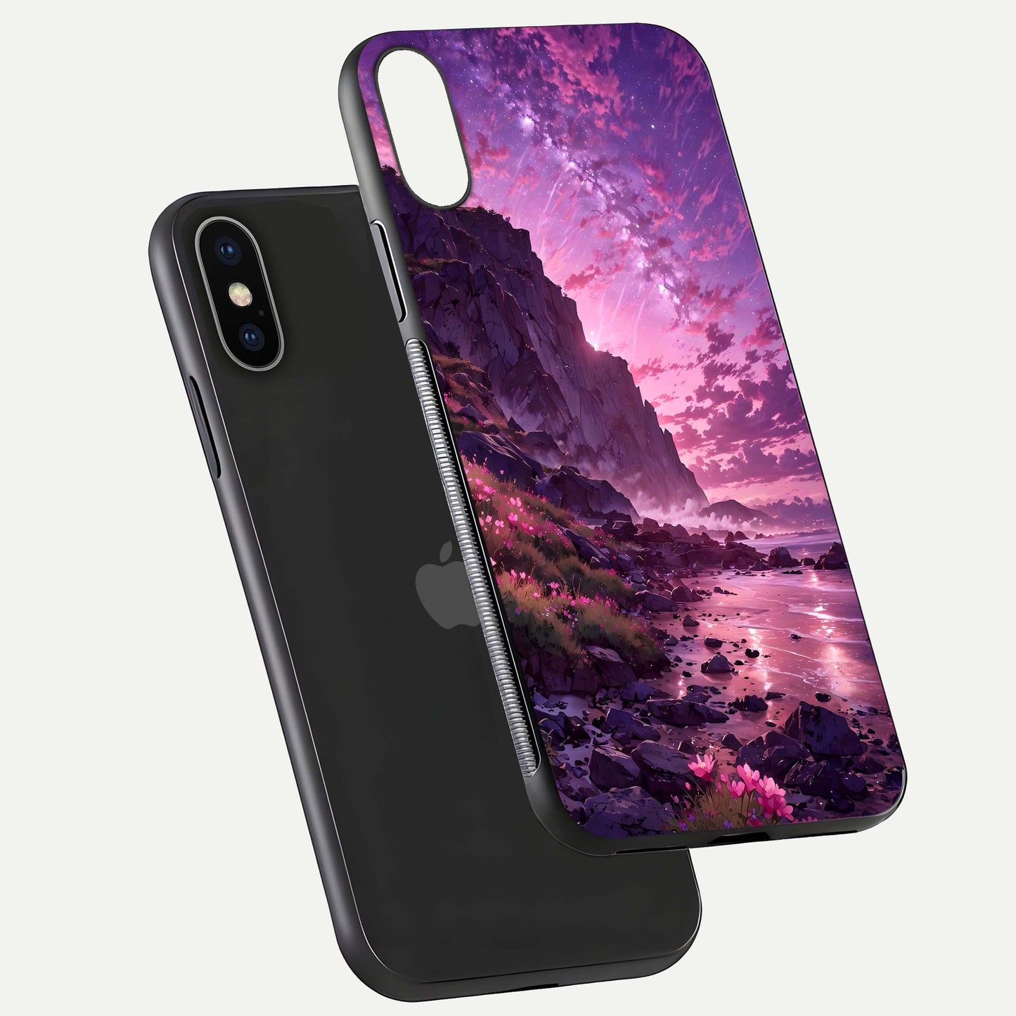 Twilight Blossom Coast Glass Case for iPhone X floating dual-view mockup displaying gloss surface and detail
