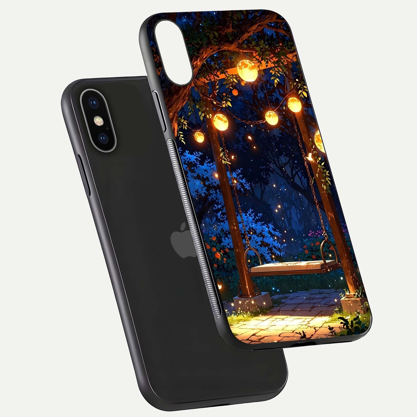 Twilight Garden Swing Glass Case for iPhone X floating dual-view mockup displaying gloss and tone balance