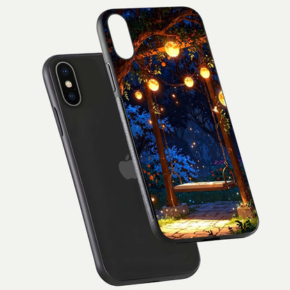 Twilight Garden Swing Glass Case for iPhone X floating dual-view mockup displaying gloss and tone balance
