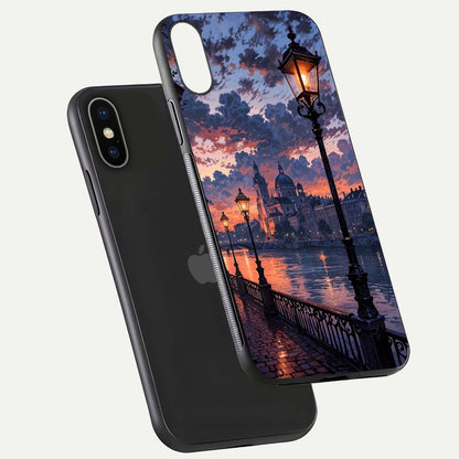 Twilight River Lights Glass Case for iPhone X floating dual-view mockup displaying gloss shine and vivid details