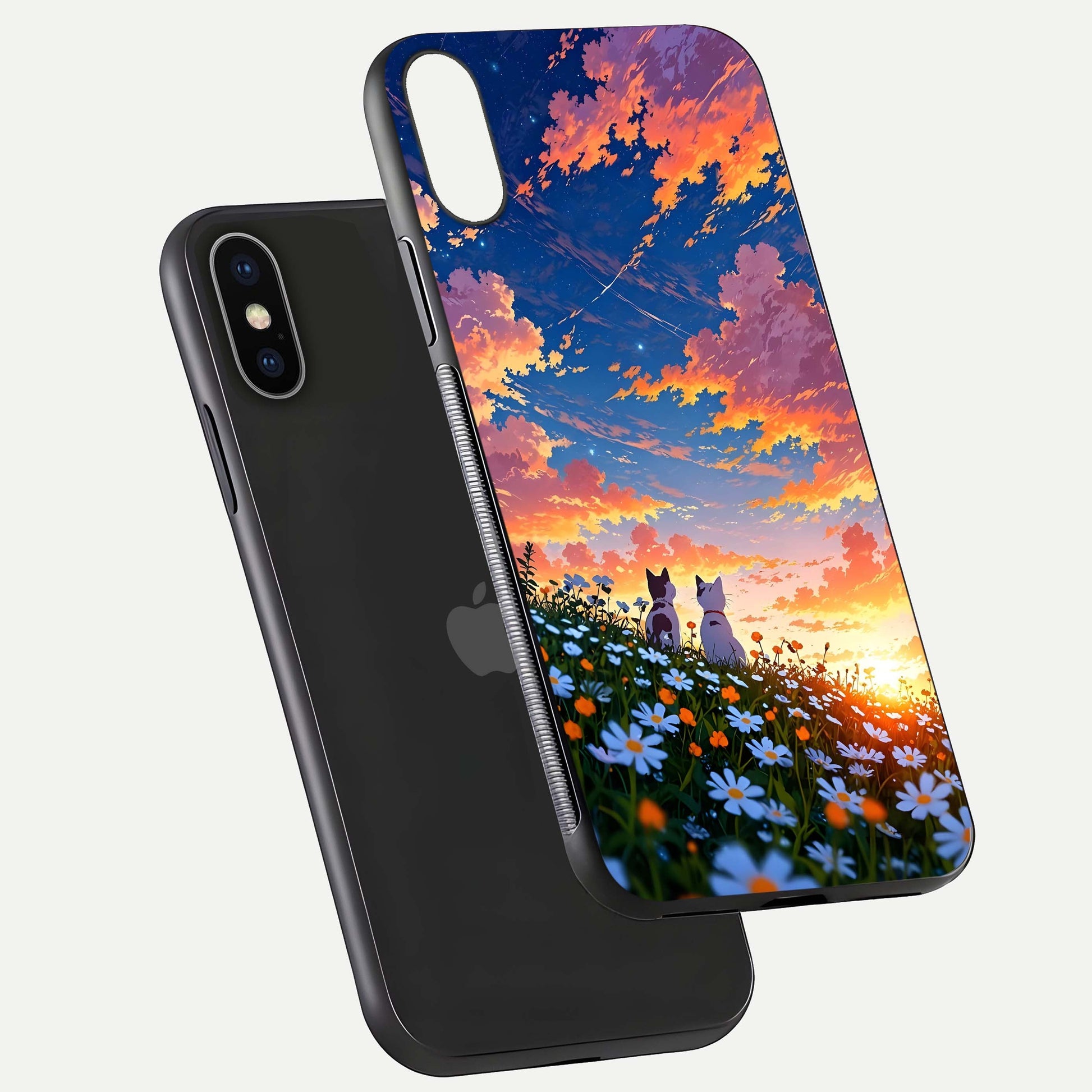 Two Cats Friends Glass Case for iPhone X floating dual-view mockup displaying gloss surface and HD print