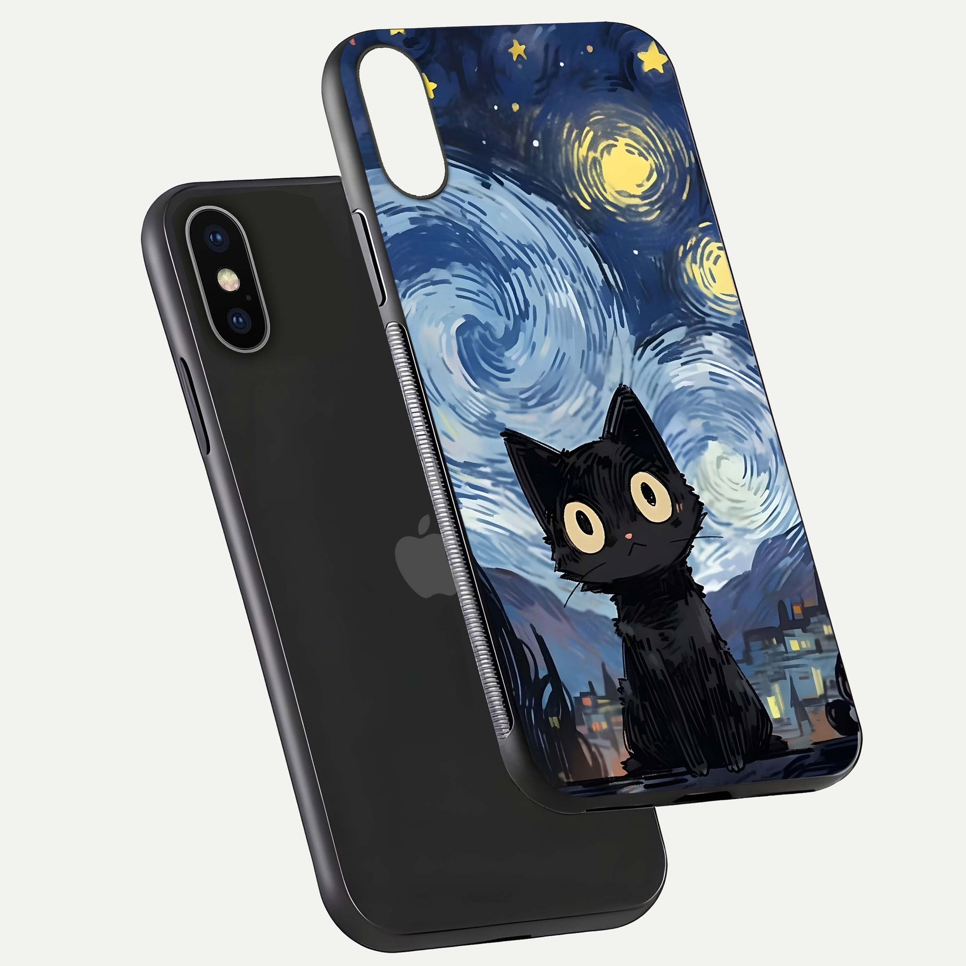 Van Gogh Cat Glass Case for iPhone X floating dual-view mockup displaying gloss shine and artistic texture