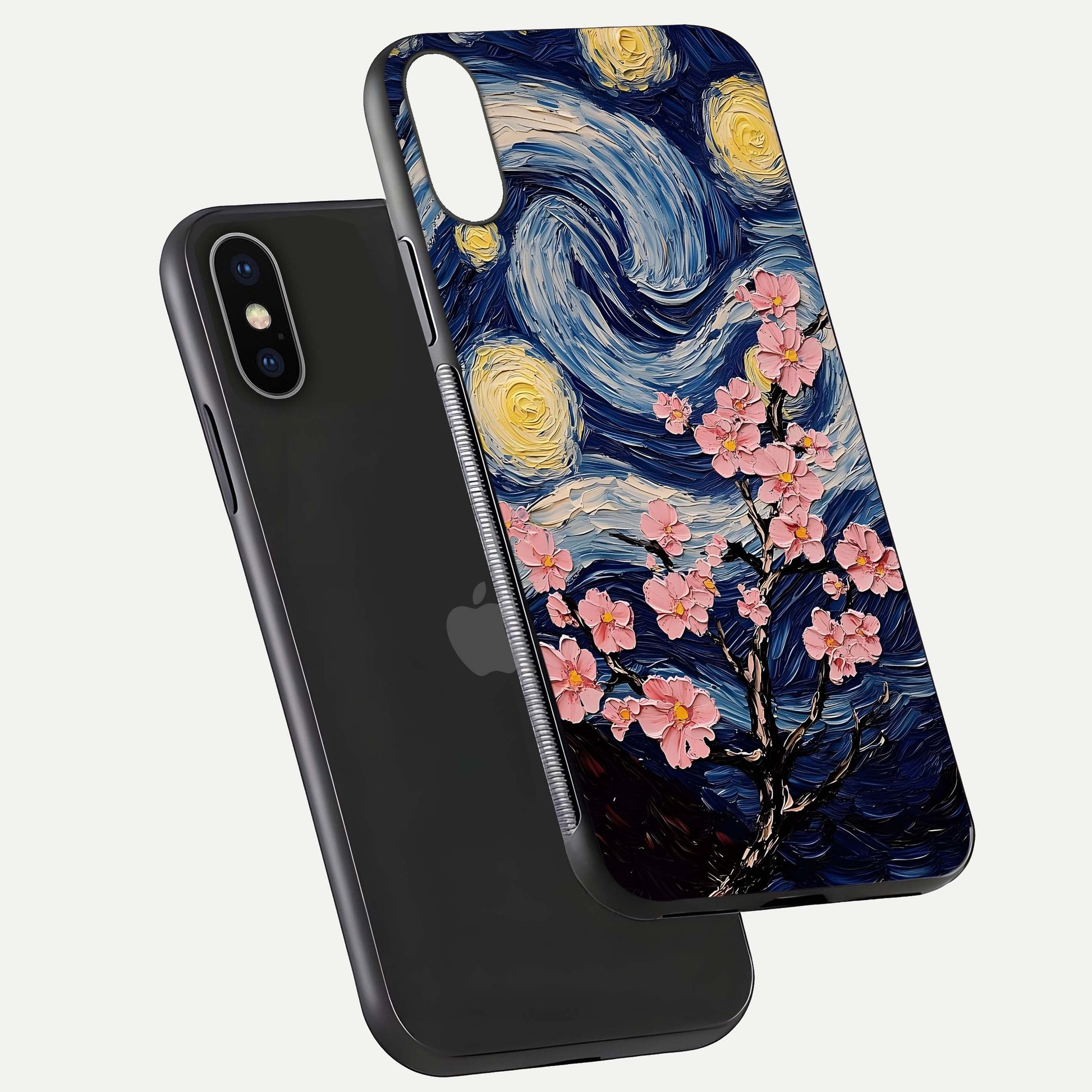 Van Gogh Scenery Glass Case for iPhone X floating dual-view mockup displaying gloss reflection and HD quality