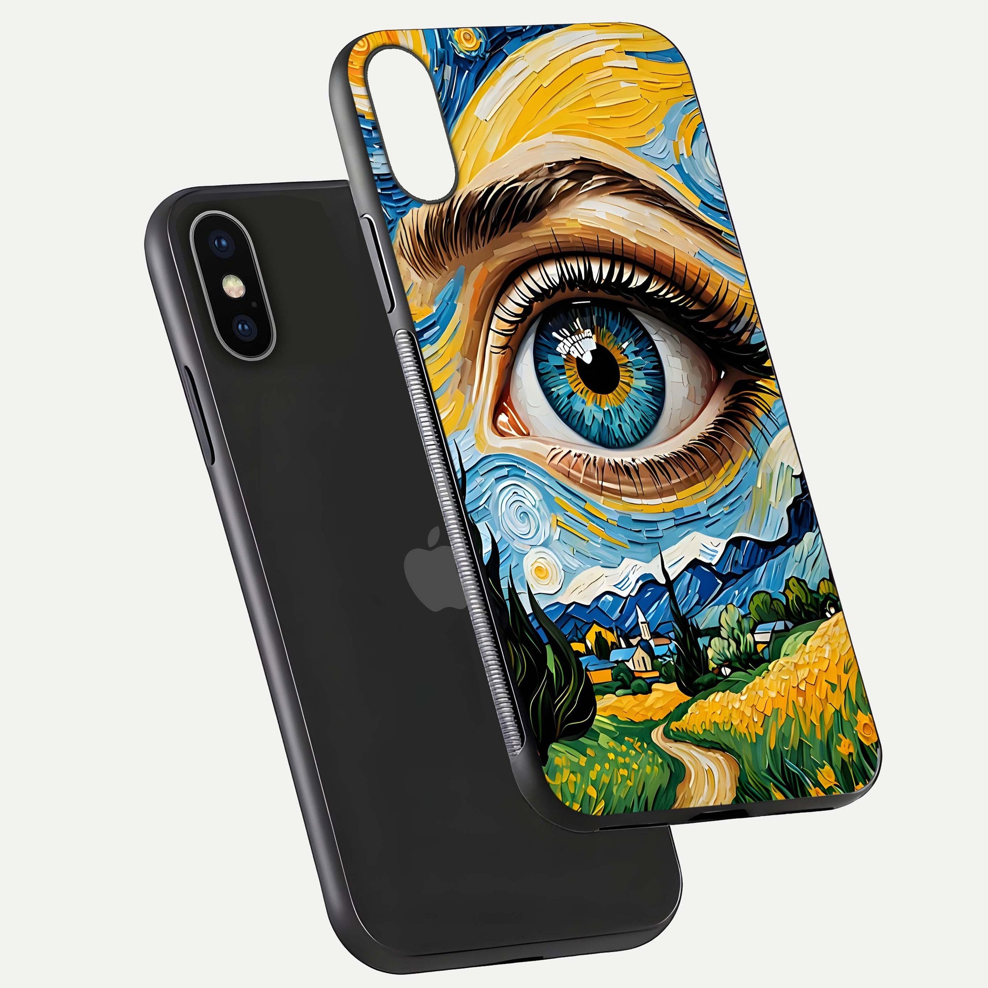Van Gogh Eye Glass Case for iPhone 16 Pro floating dual-view mockup displaying gloss texture and depth