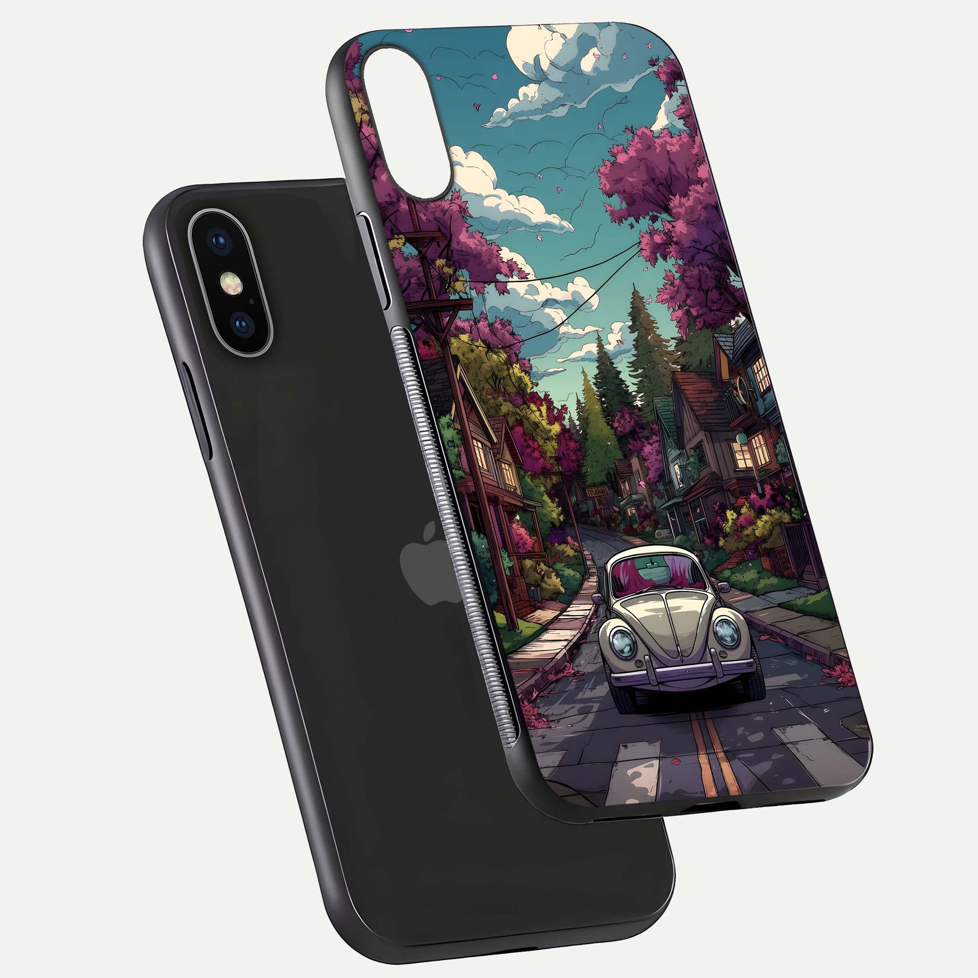 Vintage Street Drive Glass Case for iPhone X floating dual-view mockup displaying gloss shine and texture
