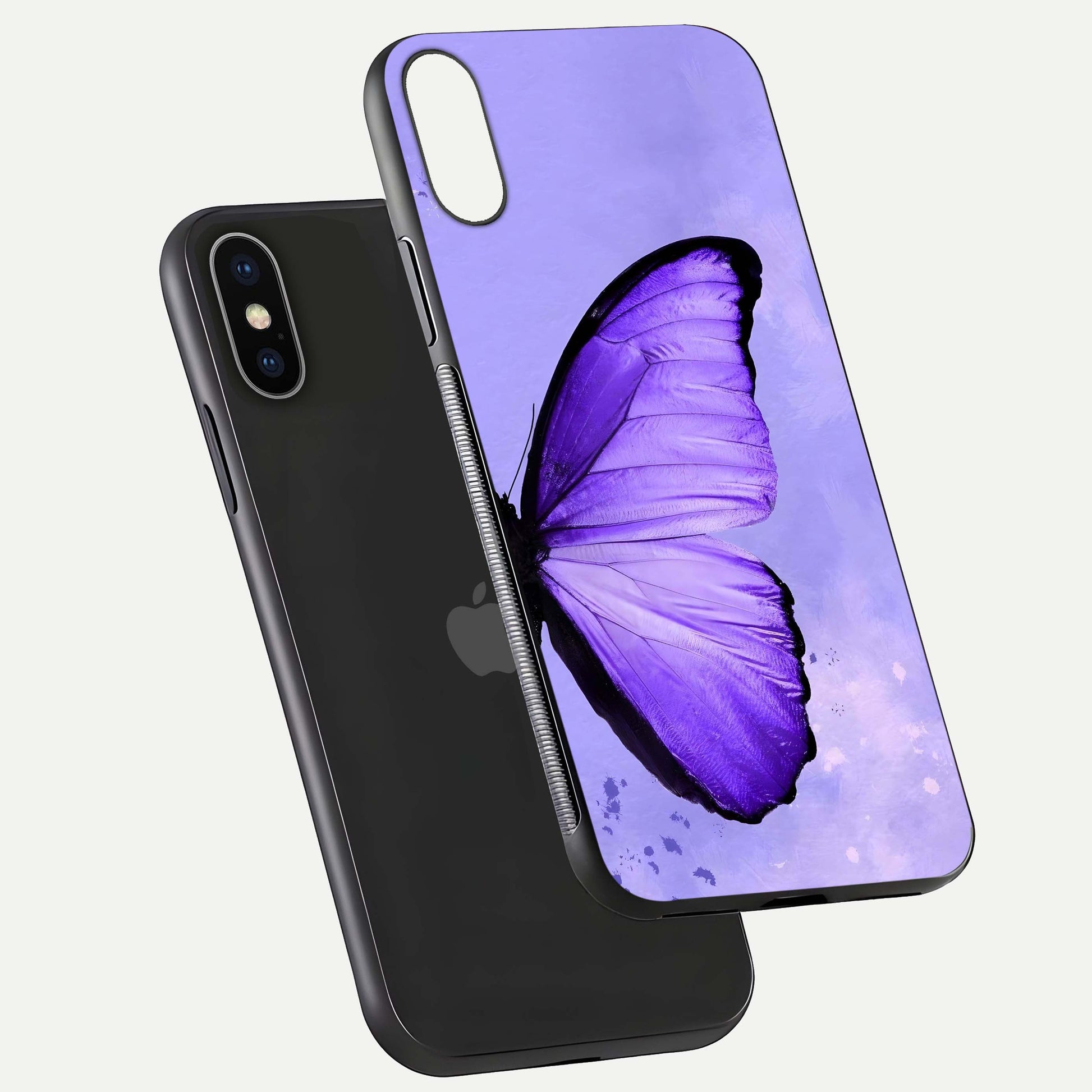 Violet Dream Wing Glass Case for iPhone X floating dual-view mockup displaying gloss depth and clarity
