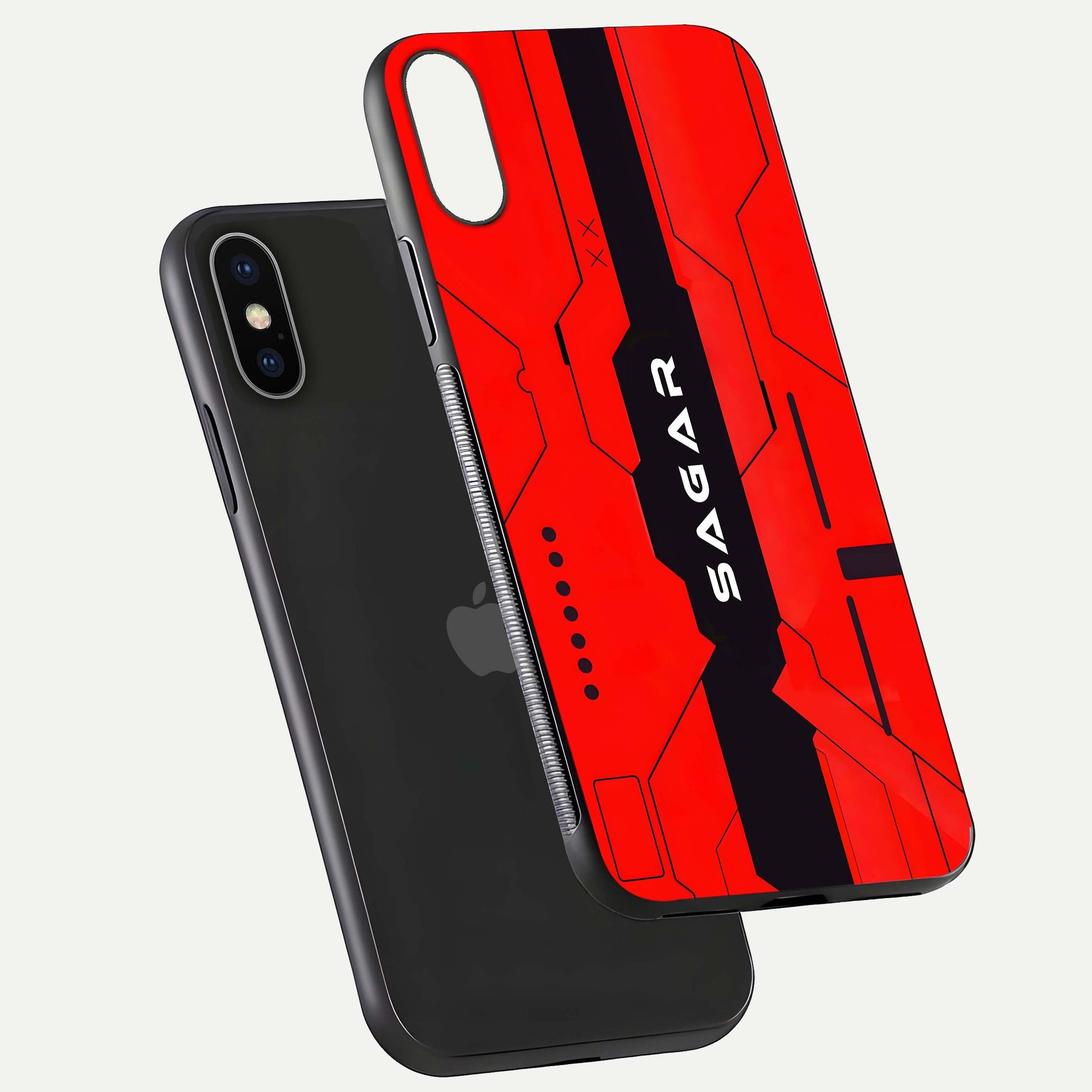 Voltage Rise CYBERPUNK Custom Name Glass Case for iPhone X floating dual-view mockup displaying gloss shine and lighting