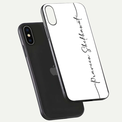 White Tune Custom Name Glass Case for iPhone X floating dual-view mockup displaying gloss and HD detail