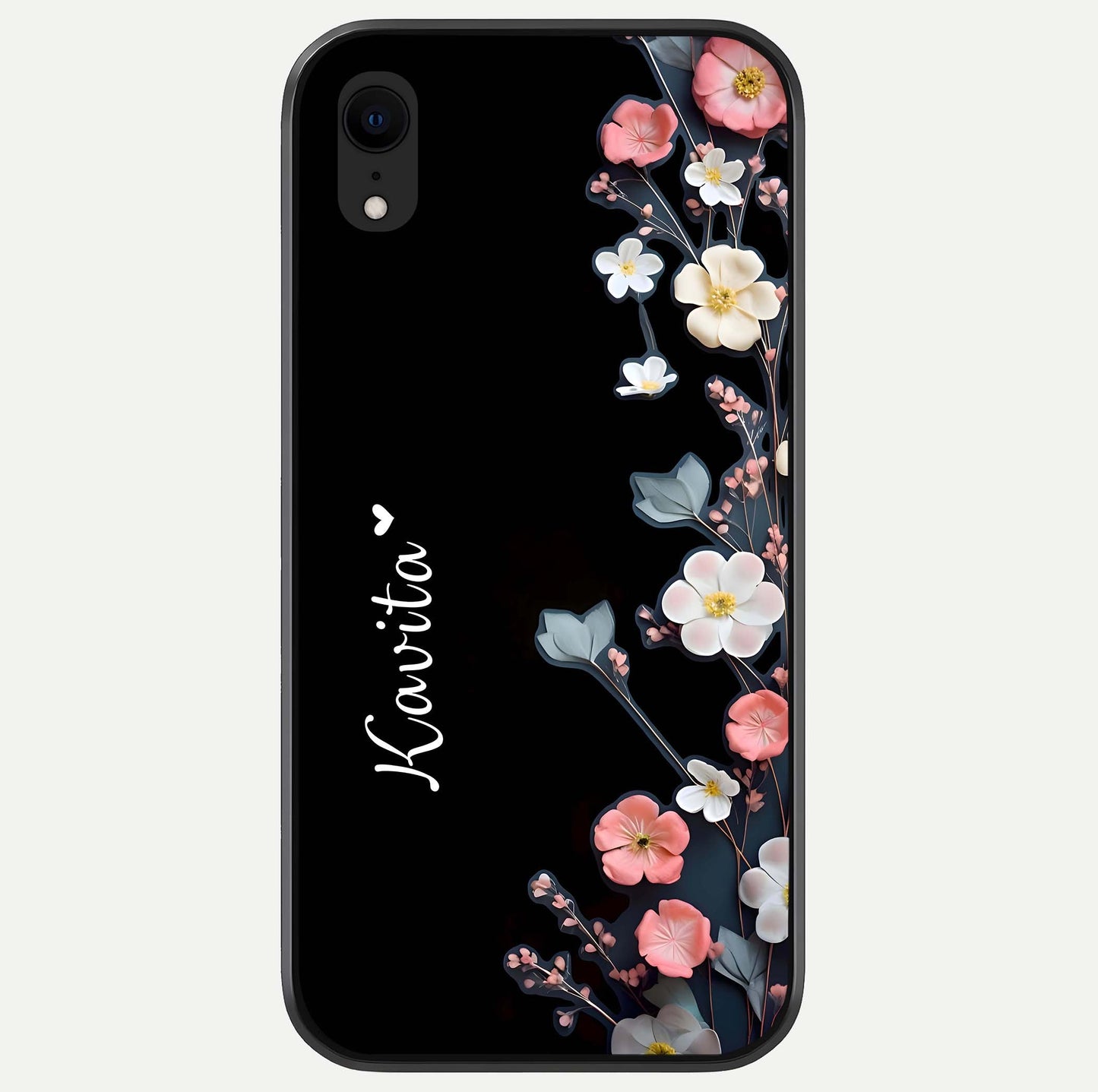 Black Elegance Floral Custom Name Glass Case For iPhone Xr by Custom World