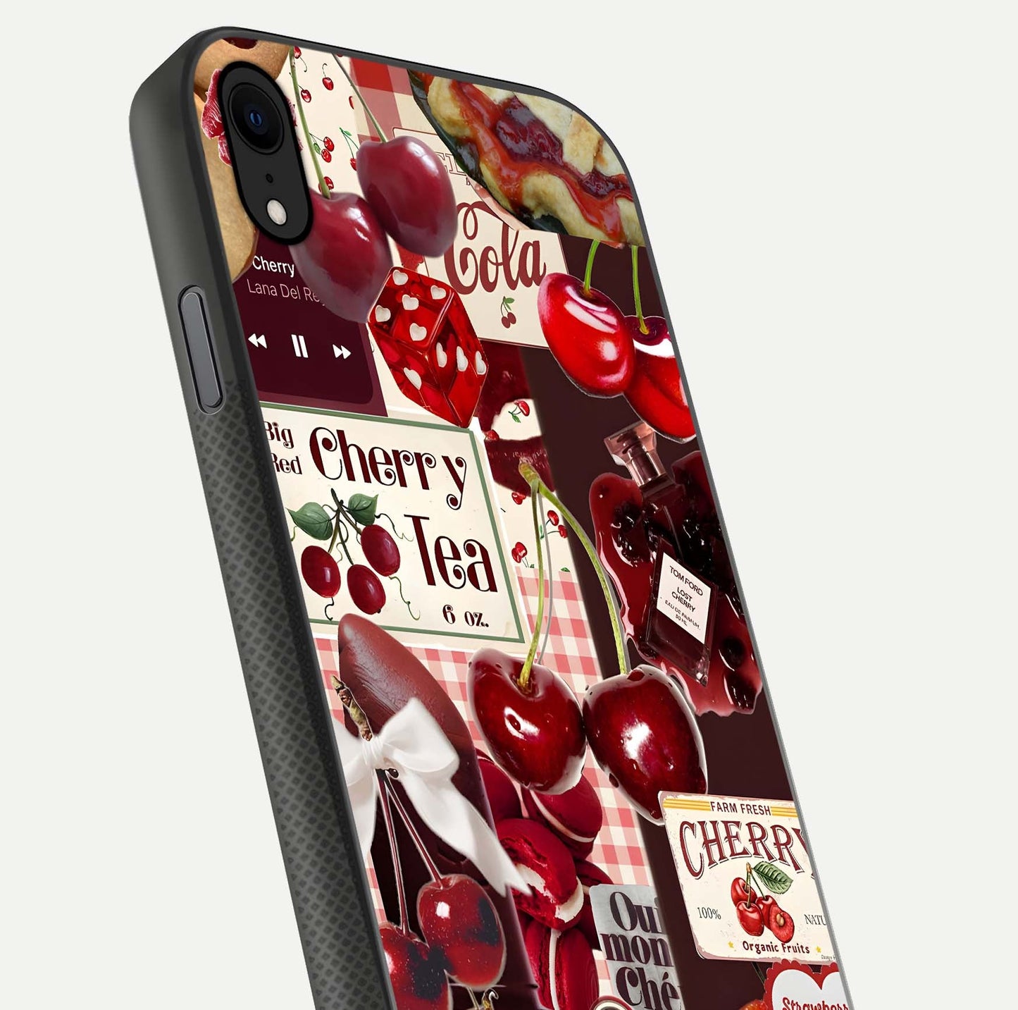 Aesthetic Cherry Tea Glass Case for iPhone 16 Pro close-up angled shot showing detailed cherry artwork, red tones, and gloss reflection