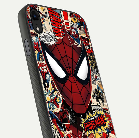 Aesthetic Wonder Spider Glass Case for iPhone Xr angled close-up highlighting spider web detail and vibrant color gloss