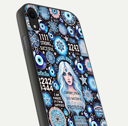 Angel Aura Shield Glass Case for iPhone Xr close-up view capturing aura glow, metallic tones, and shine texture