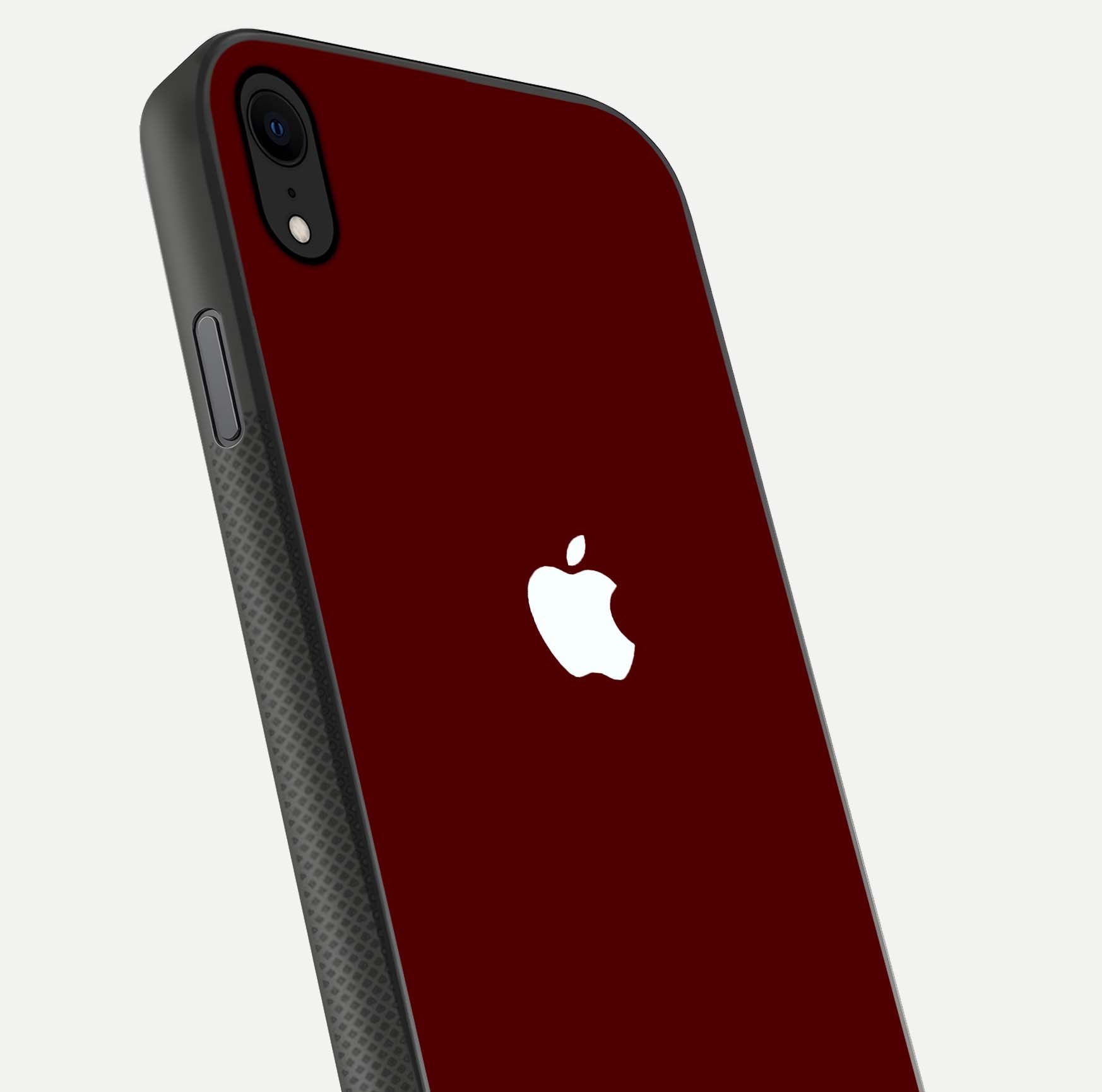 Apple Crimson Core Glass Case for iPhone Xr close-up angle showing deep crimson tone and HD glass reflection