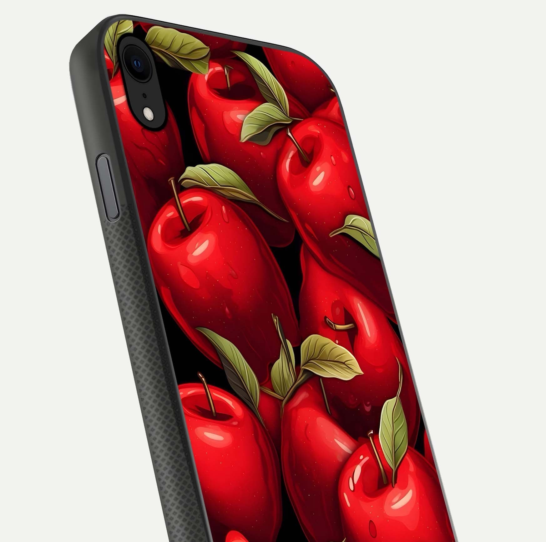 Apple Pattern Glass Case for iPhone Xr close-up angle showing pattern texture and shine reflection