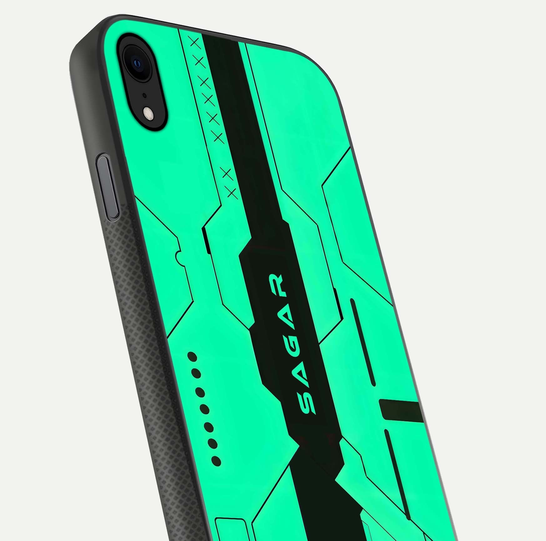 Aqua Tech CYBERPUNK Custom Name Glass Case for iPhone 16 Pro close-up angle showing futuristic blue lights and reflections