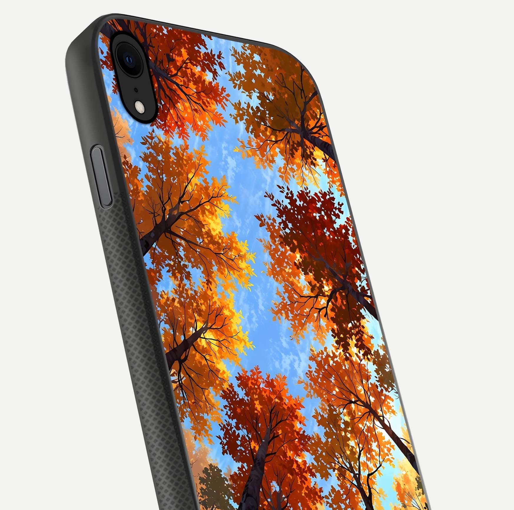 Autumn Sky Rise Glass Case for iPhone Xr close-up shot of autumn tone details and HD shine reflection