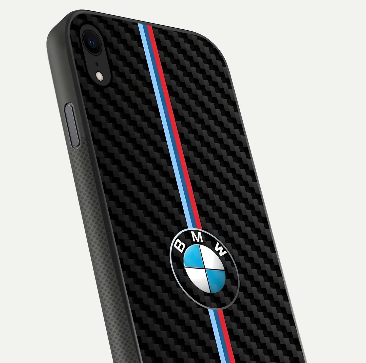 BMW Pattern Glass Case for iPhone Xr close-up angle showing BMW logo detailing and high-reflect gloss texture