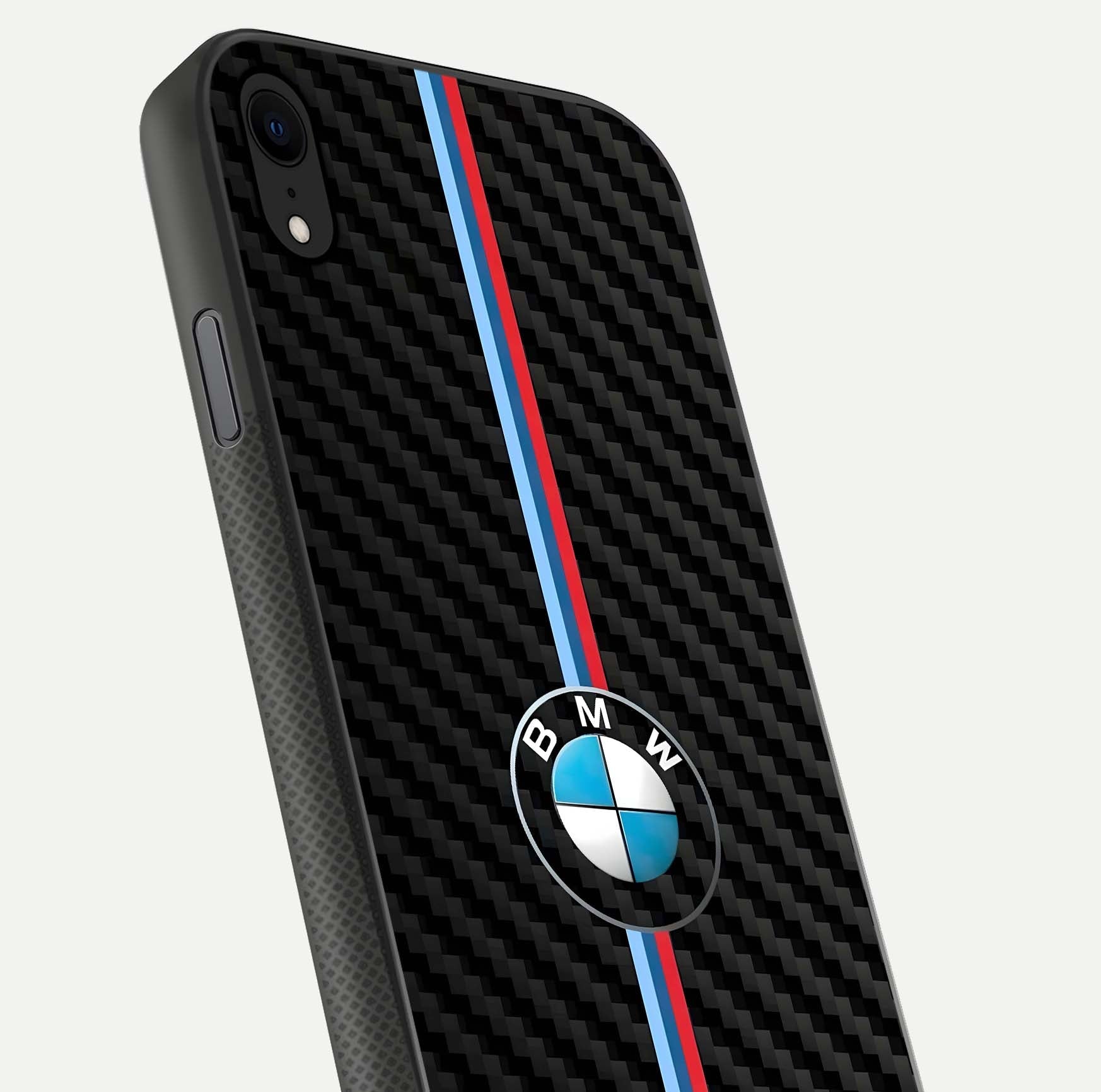 BMW Pattern Glass Case for iPhone Xr close-up angle showing BMW logo detailing and high-reflect gloss texture