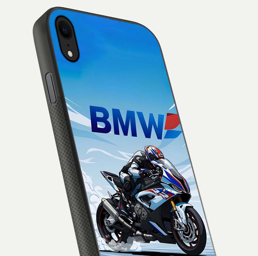 BMW Power Drift Glass Case for iPhone Xr close-up view highlighting motion streaks and gloss shine