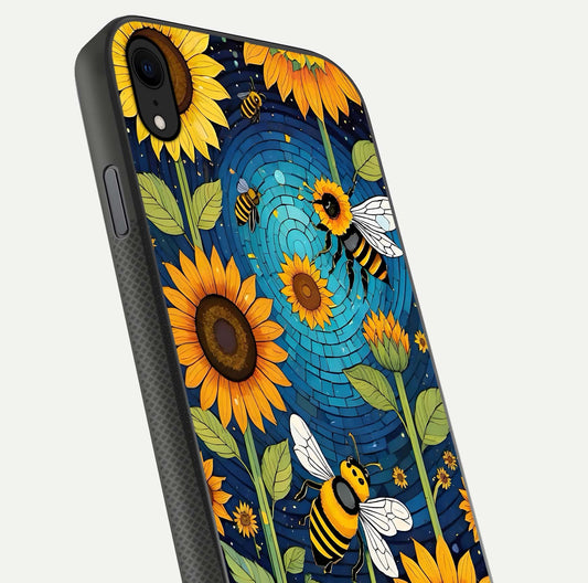 Bees & Sunflowers Glass Case for iPhone Xr close-up angled shot showing detailed petals, bee prints, and glass reflection