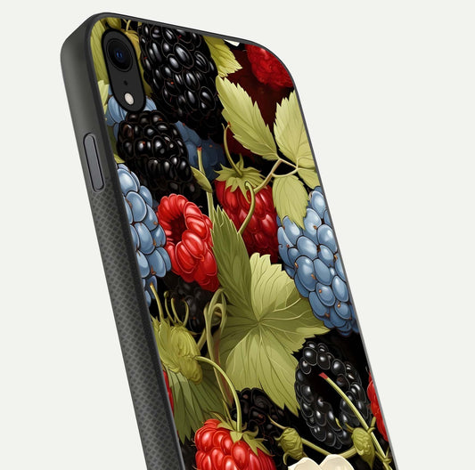 Berry Bloom Charm Glass Case for iPhone Xr close-up view highlighting berry color tones and fine petal detailing