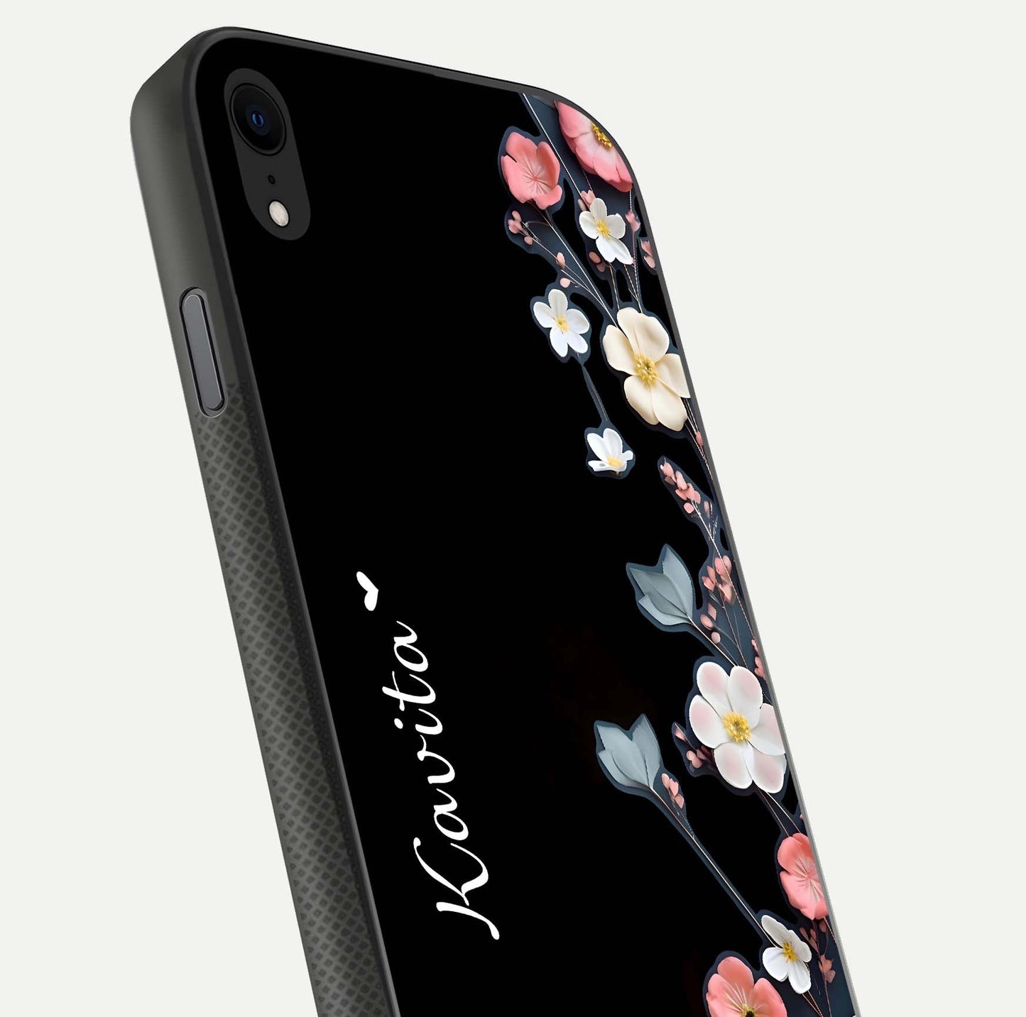 Black Elegance Floral Custom Name Glass Case for iPhone Xr close-up shot showing rose detailing and elegant reflection
