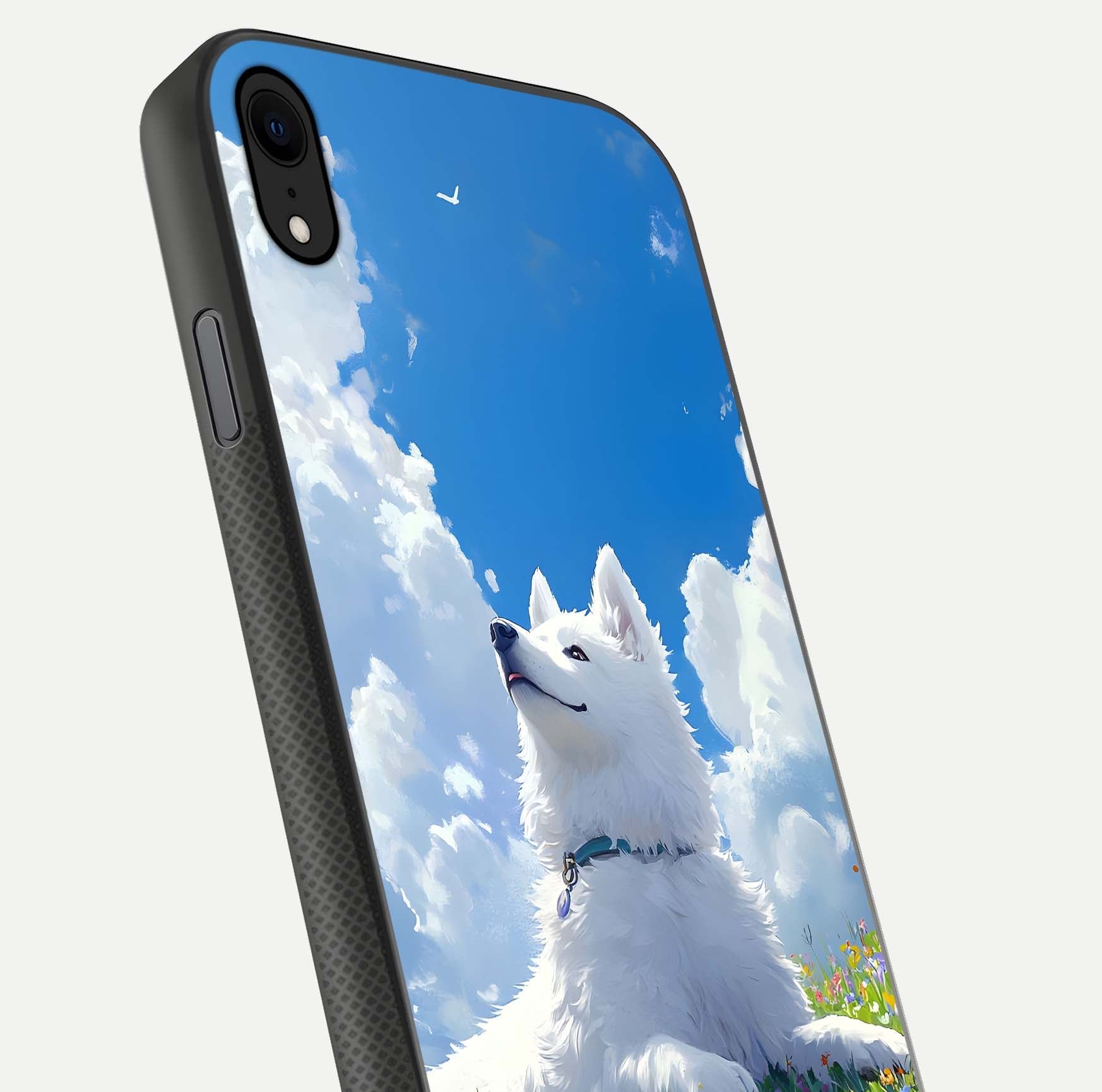 Blissful Cloud Pup Glass Case for iPhone Xr close-up image highlighting puppy details and glossy reflection