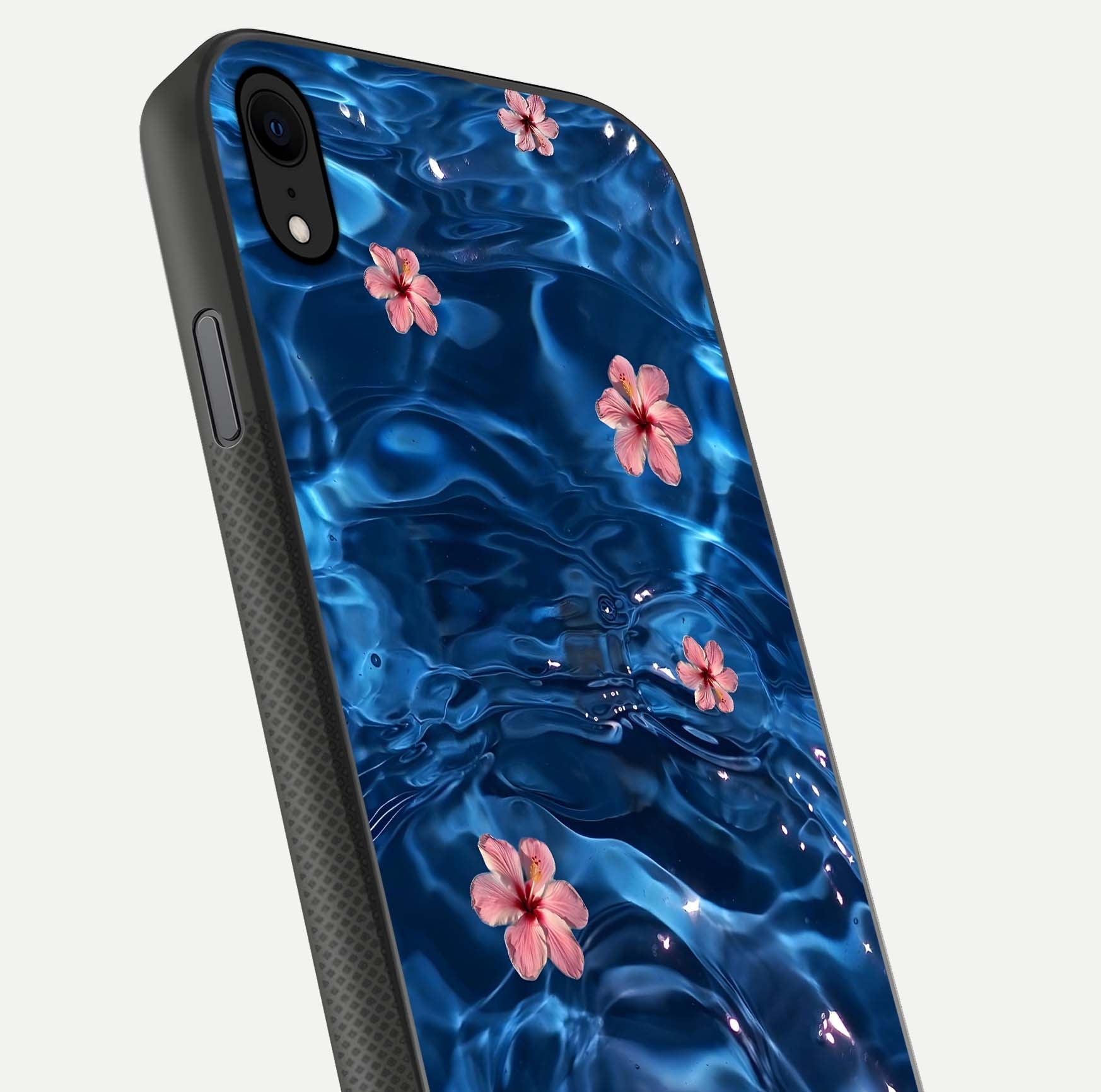 Blooming Water Drift Glass Case for iPhone Xr close-up angle showing petal details, soft aqua tones, and smooth gloss reflection