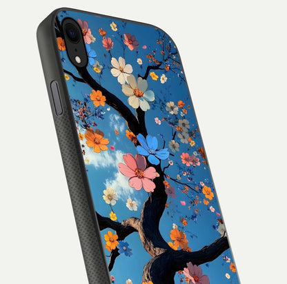 Blossom Dream Sky Glass Case for iPhone Xr close-up shot highlighting dreamlike clouds and pink blossoms