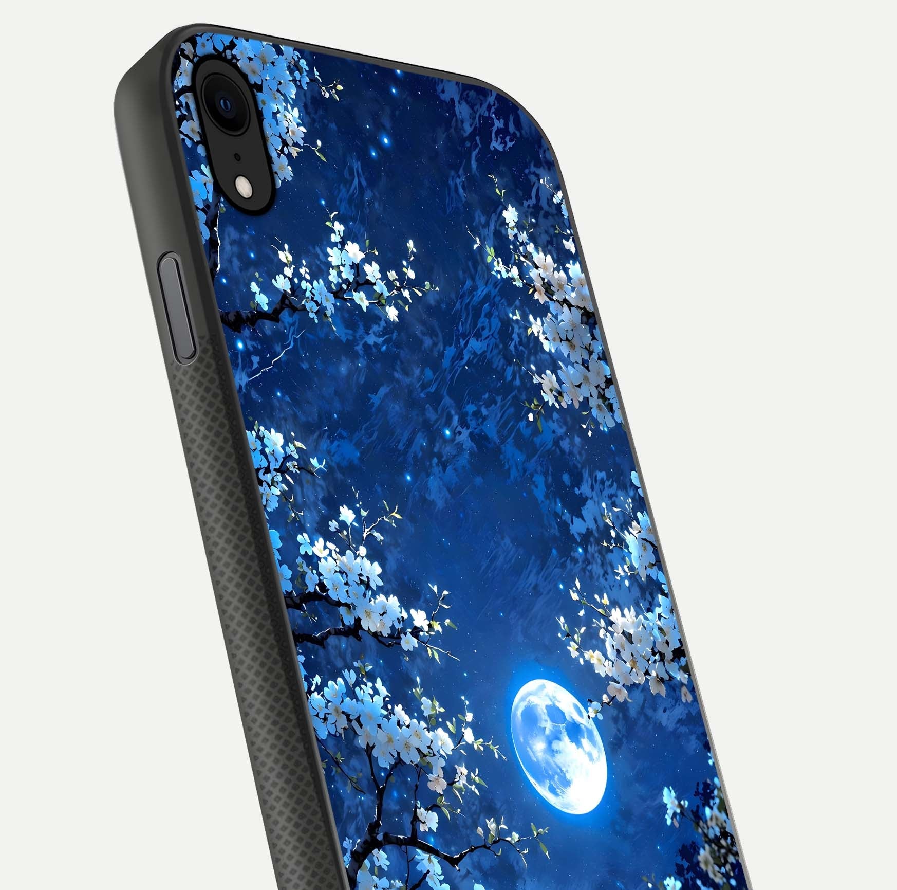 Blossom Moonlight Sky Glass Case for iPhone Xr close-up angle capturing moon glow and flower detail reflections