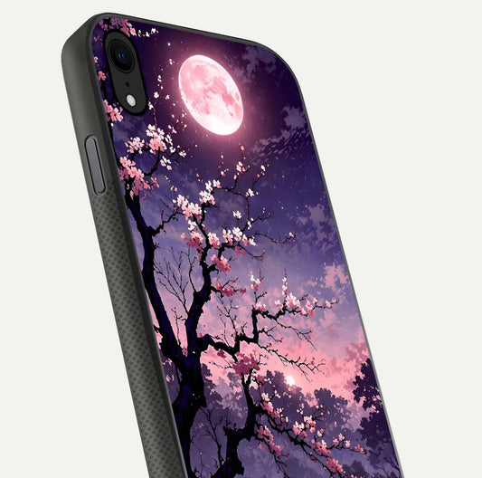 Blossom Pink Moon Glass Case for iPhone Xr close-up shot showing pink tones, moon highlight, and reflection gloss
