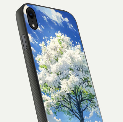 Blossom Sky Serenity Glass Case for iPhone Xr close-up highlighting calming flower details and reflection gloss