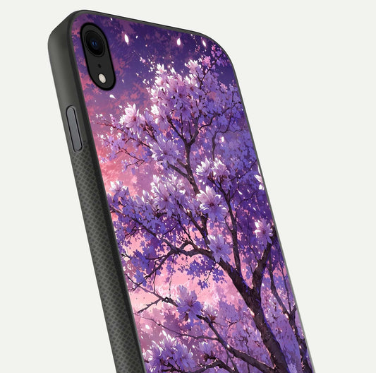 Blossom Tree Glass Case for iPhone Xr close-up image highlighting tree branches, blossoms, and shine