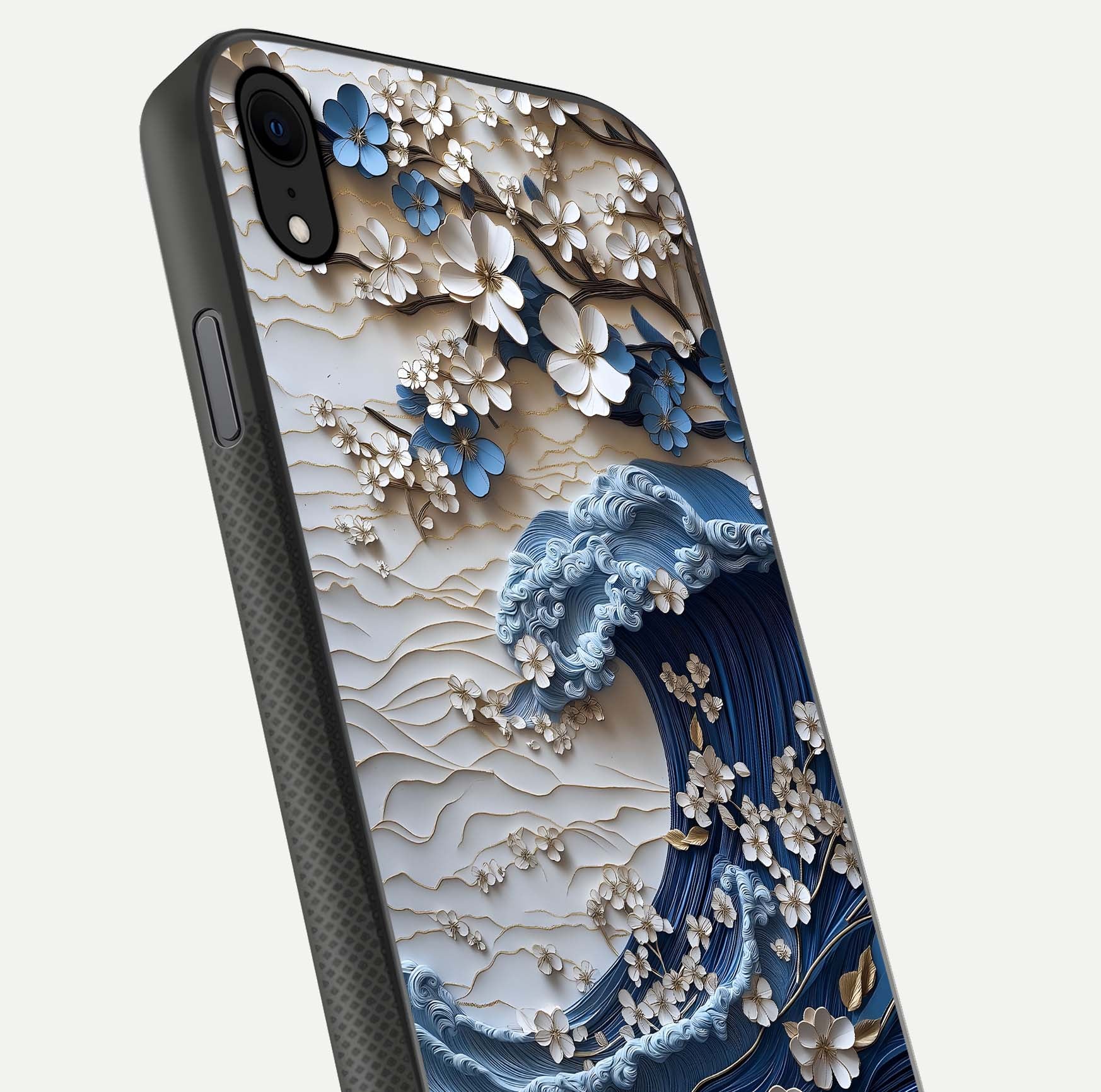 Blossom Wave Art Glass Case for iPhone Xr close-up shot highlighting wave motion in floral art and reflection