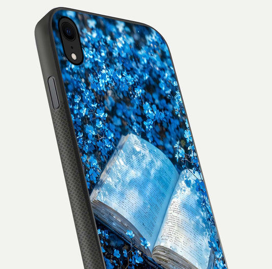 Blue Bloom Tales Glass Case for iPhone Xr close-up angle showing petal texture and blue tone reflection