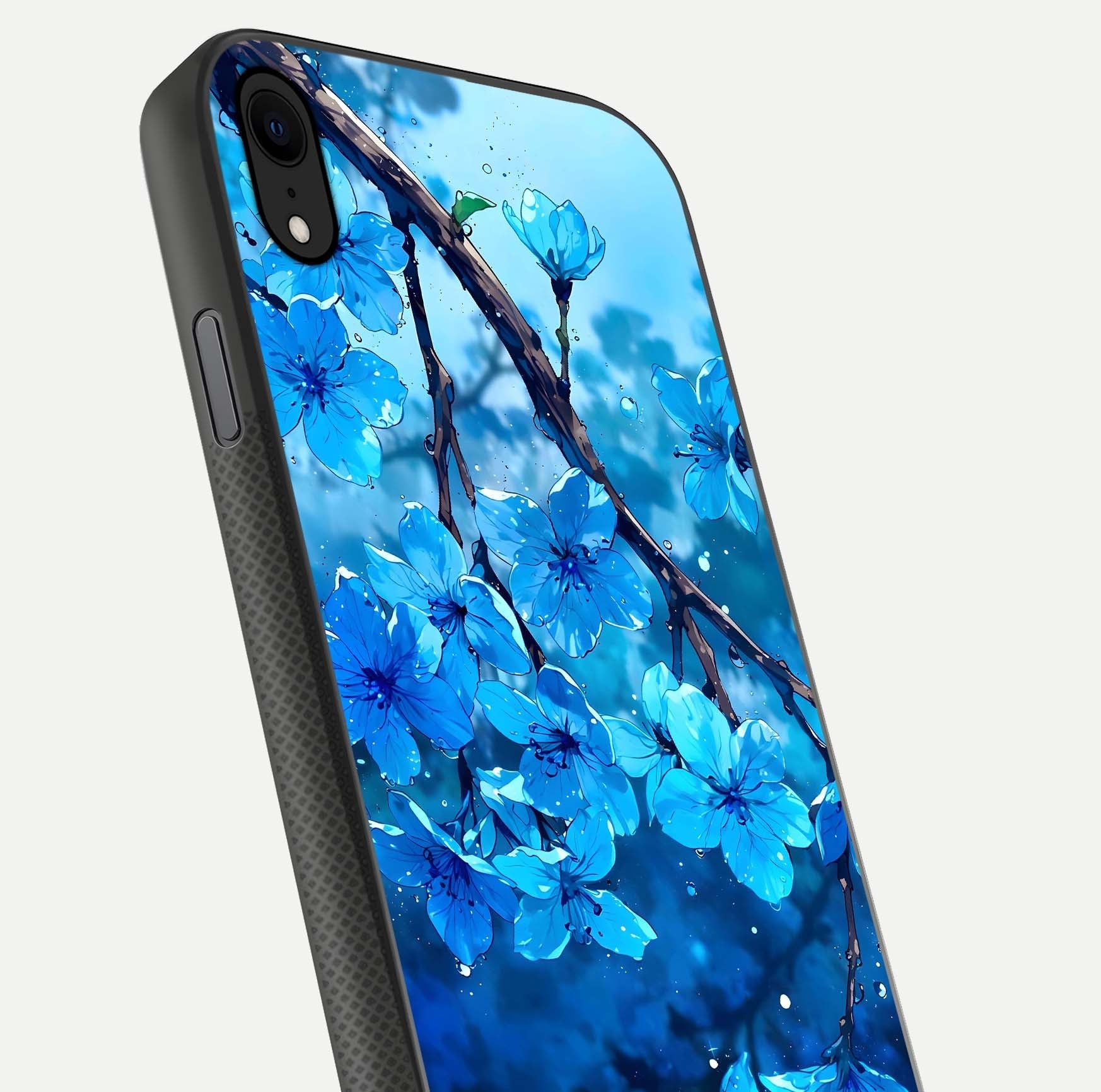 Blue Blossoms Branch Glass Case for iPhone Xr close-up angle highlighting petal details and reflection gloss