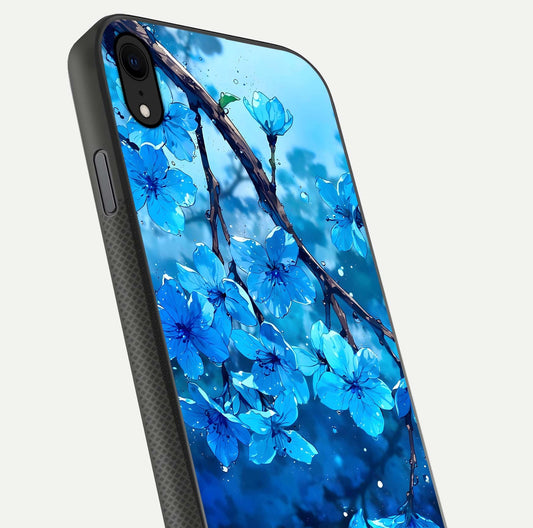Blue Blossoms Branch Glass Case for iPhone Xr close-up angle highlighting petal details and reflection gloss