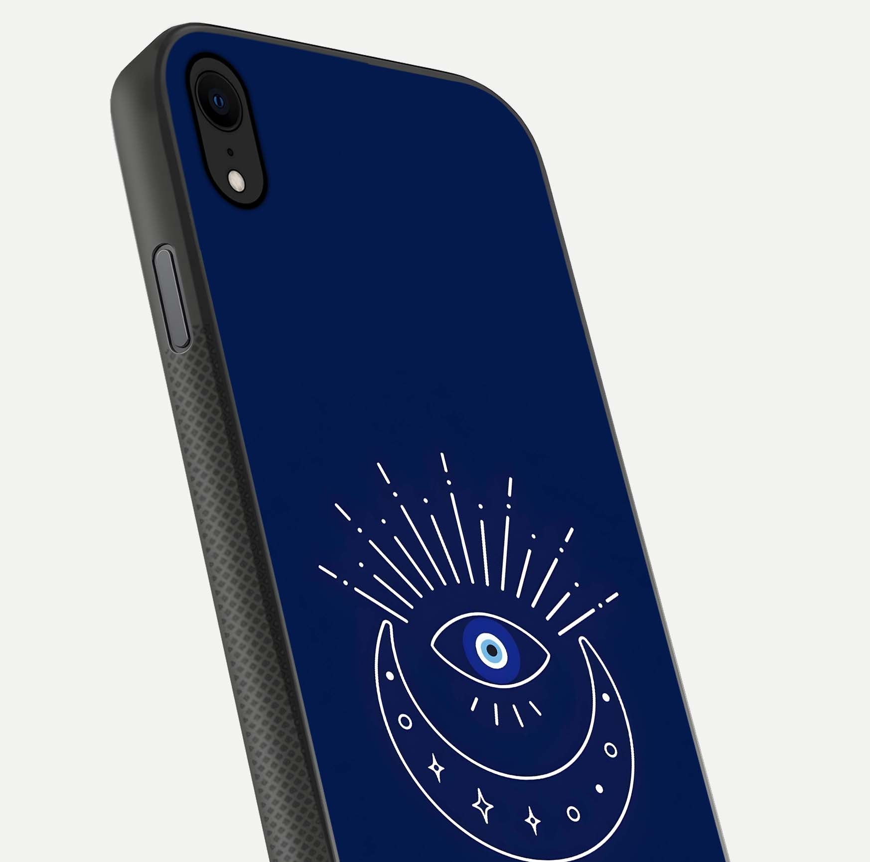 Blue Evil Eye Glass Case for iPhone Xr close-up shot highlighting eye motif, protection symbol, and glass shine
