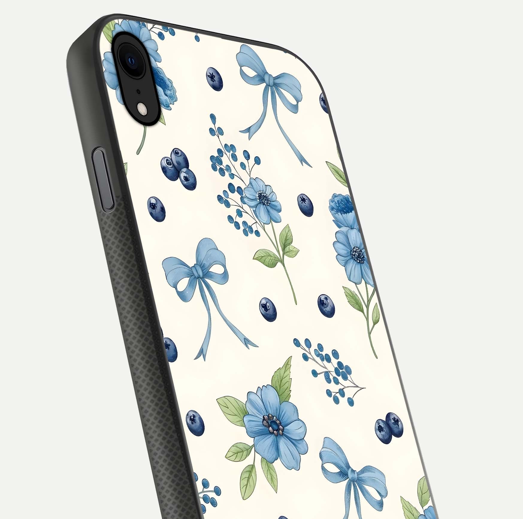 Blue Flower & Bow Glass Case for iPhone Xr close-up shot highlighting ribbon detail and flower gloss finish