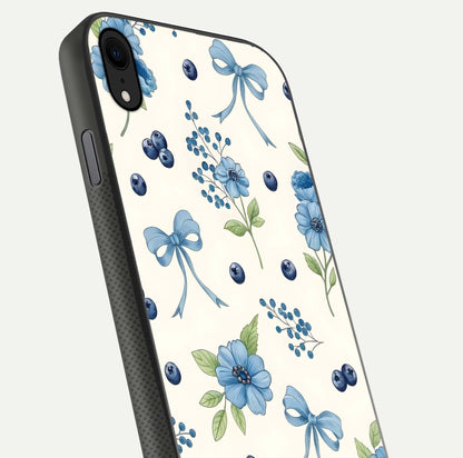 Blue Flower & Bow Glass Case for iPhone Xr close-up shot highlighting ribbon detail and flower gloss finish