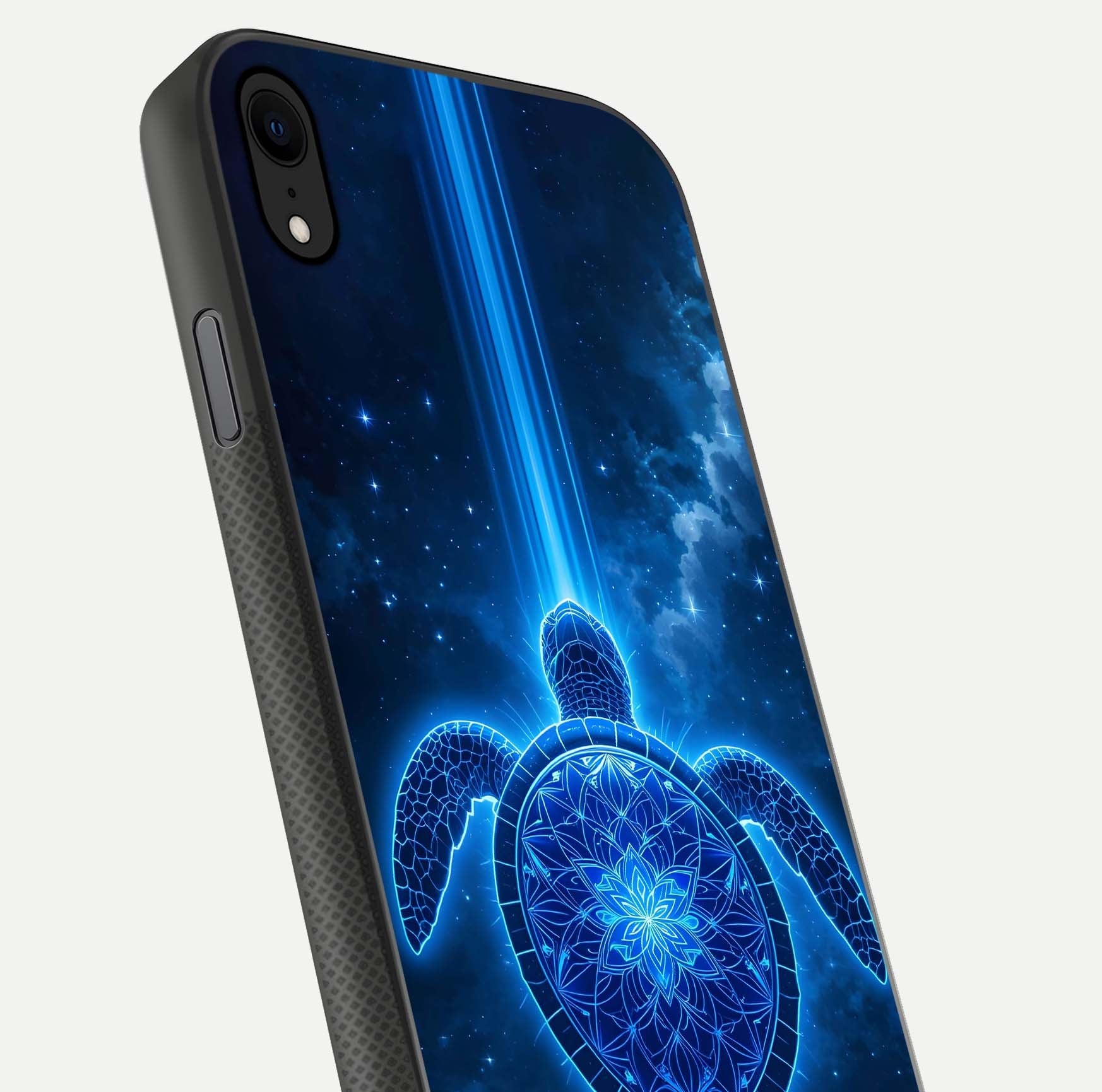 Blue Galaxy Turtle Glass Case for iPhone Xr close-up image showing turtle shell detail and glowing galaxy tones