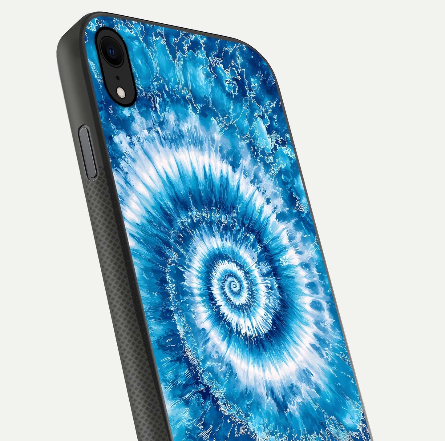 Blue Galaxy Wave Glass Case for iPhone Xr close-up highlighting fluid wave motion and deep-blue reflection