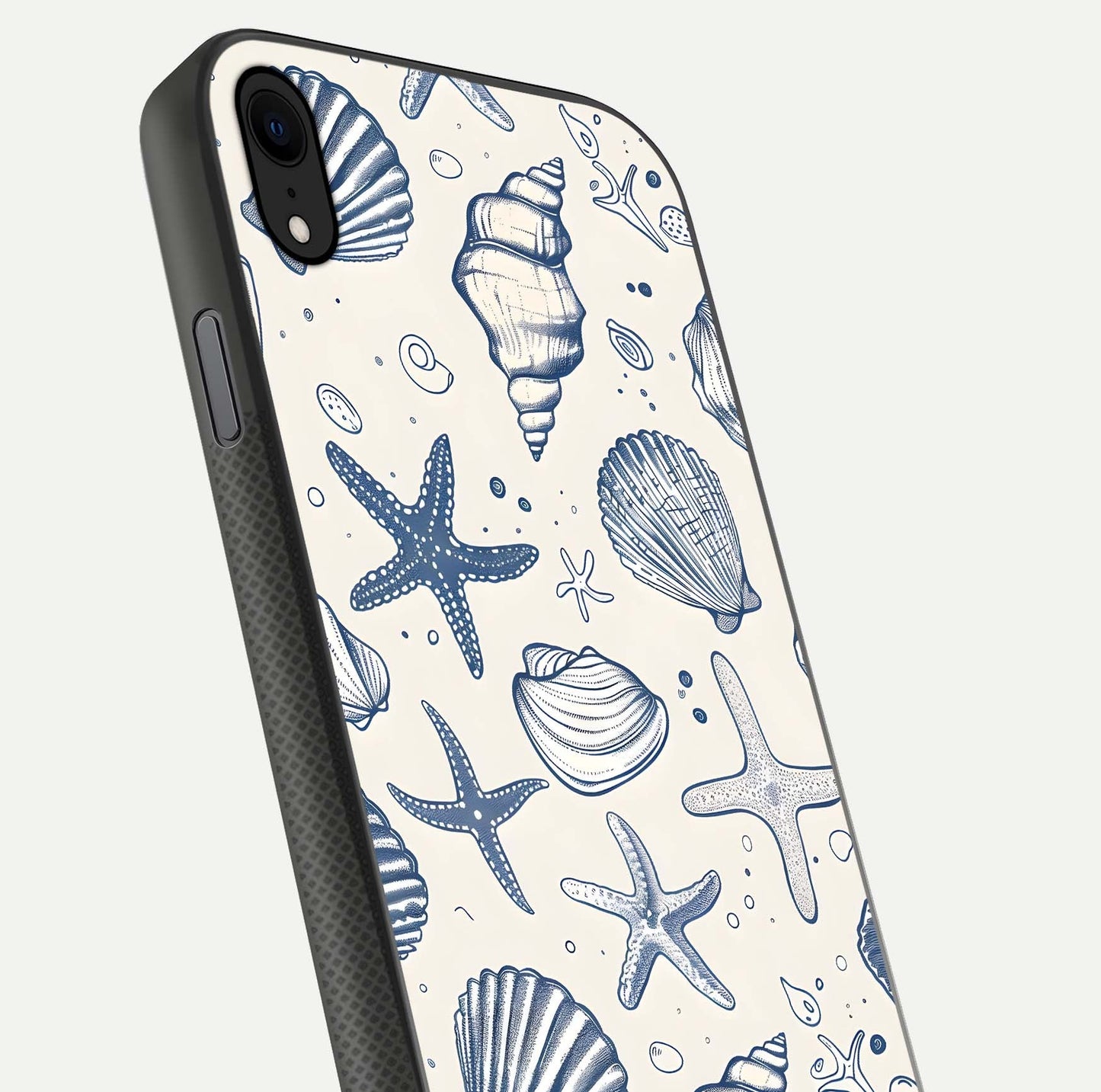 Blue Ocean Outline Glass Case for iPhone Xr close-up shot highlighting line art details and reflection texture