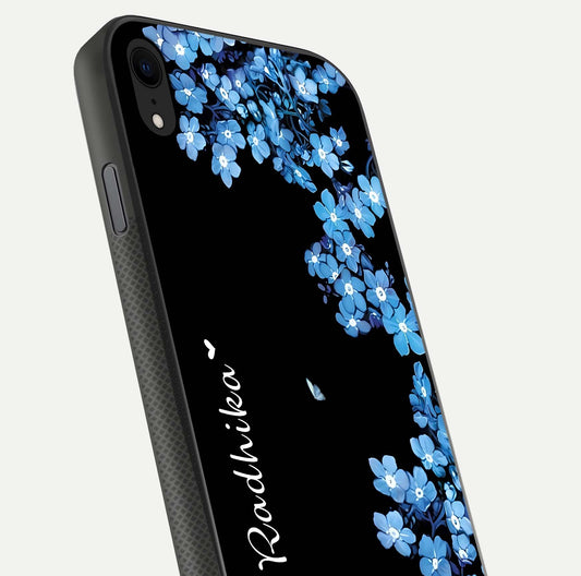 Blue Petal Dream Custom Name Glass Case for iPhone Xr close-up highlighting petal texture and gloss reflection