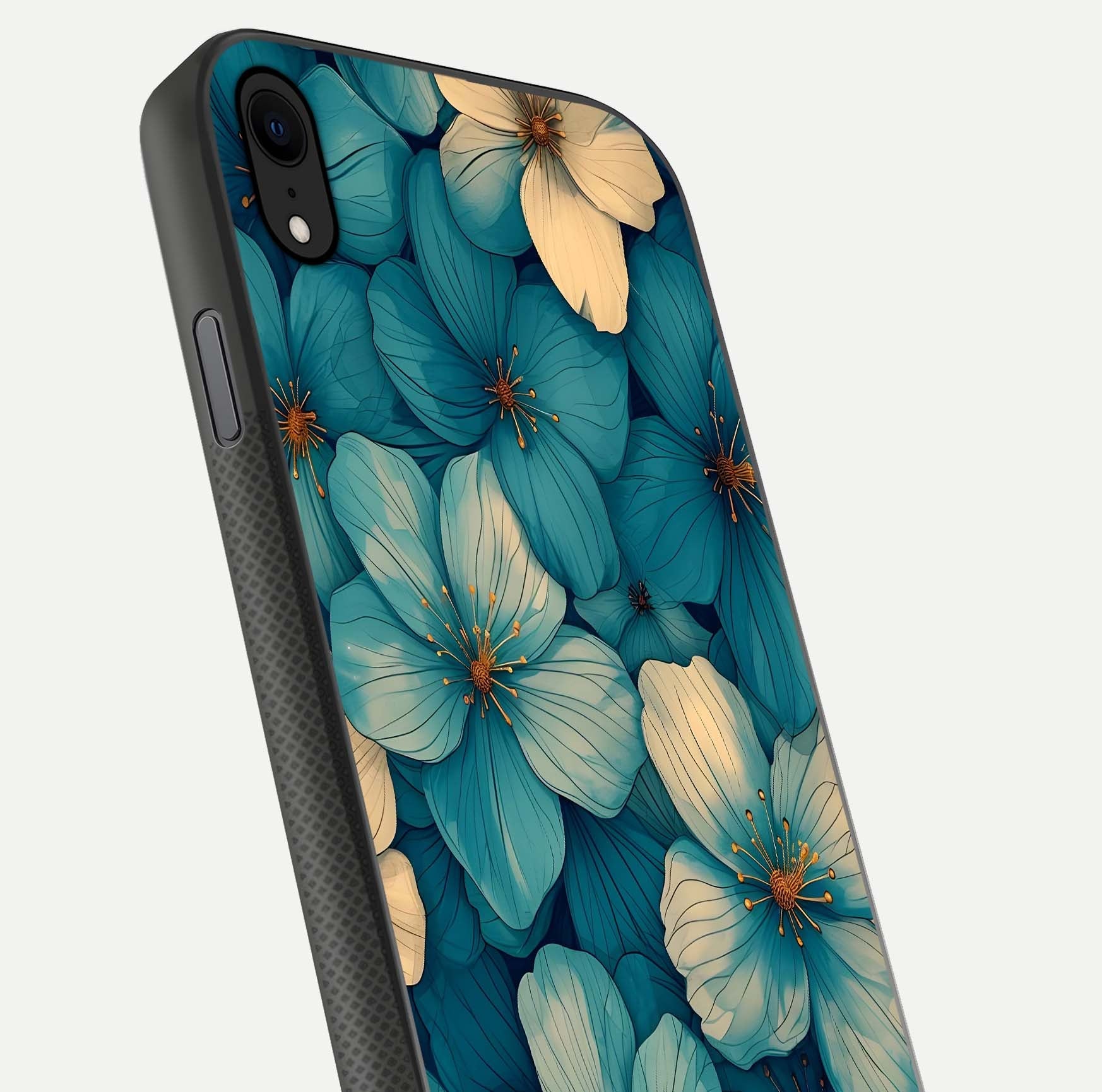 Blue Shade Floral Glass Case for iPhone Xr close-up angle showing flower print precision and reflection