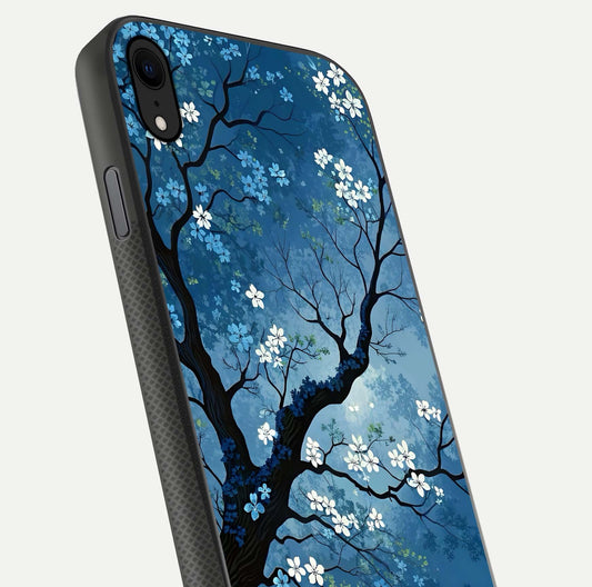 Blue Tree Serenity Glass Case for iPhone Xr close-up view highlighting tree branches and reflection gloss